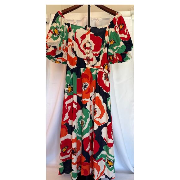 Luxology Dresses & Skirts - Vibrant Floral Midi Dress Size L NWT Puff Sleeve Linen Blend Summer Events Dress